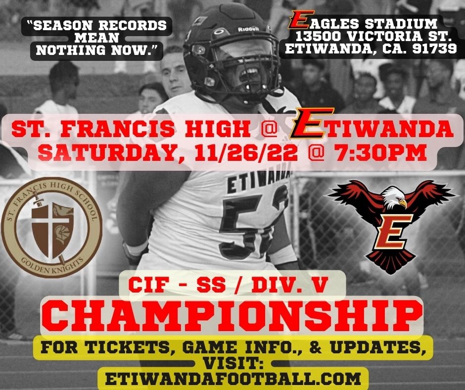 🦅
All in!

#EaglePride
Get your game tickets at:
EtiwandaFootball.com
<a href="/EtiwandaFB/">Etiwanda High Football</a> <a href="/EHSAthletics/">Etiwanda Athletics</a> @EHS_Achievement <a href="/EtiwandaRed/">Principal Wolfe</a> <a href="/EHSAchieve/">Julie</a> <a href="/etiwandaASB/">Etiwanda ASB</a>