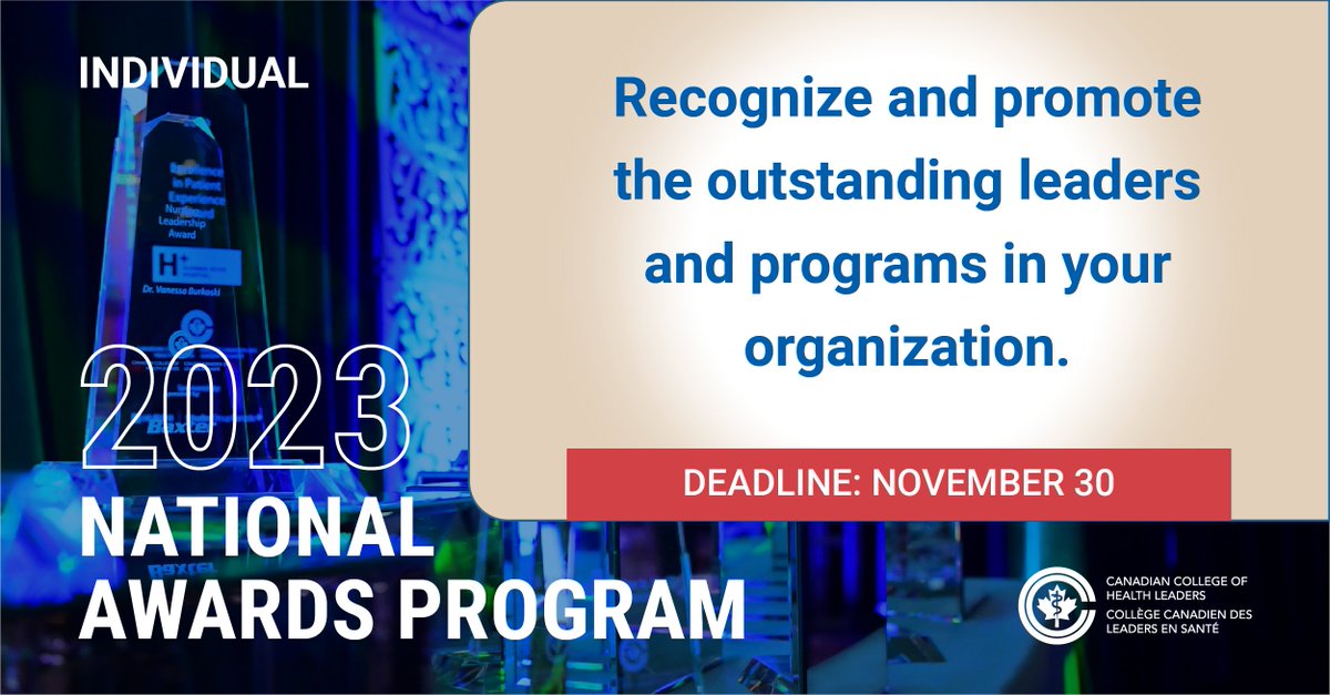 CCHL_CCLS's tweet photo. Recognize and promote the outstanding leaders and programs in your organization. 🏆   Individual Award Nominations are due next week! 🏆 https://t.co/2zyD6I5UBB 

#HealthLeaders #HealthManager #PatientCare #Mentorship #Nurse #Nurses #YoungLeader #CCHLeaders #CCHLDifferenceMaker https://t.co/XRI60SAdUo