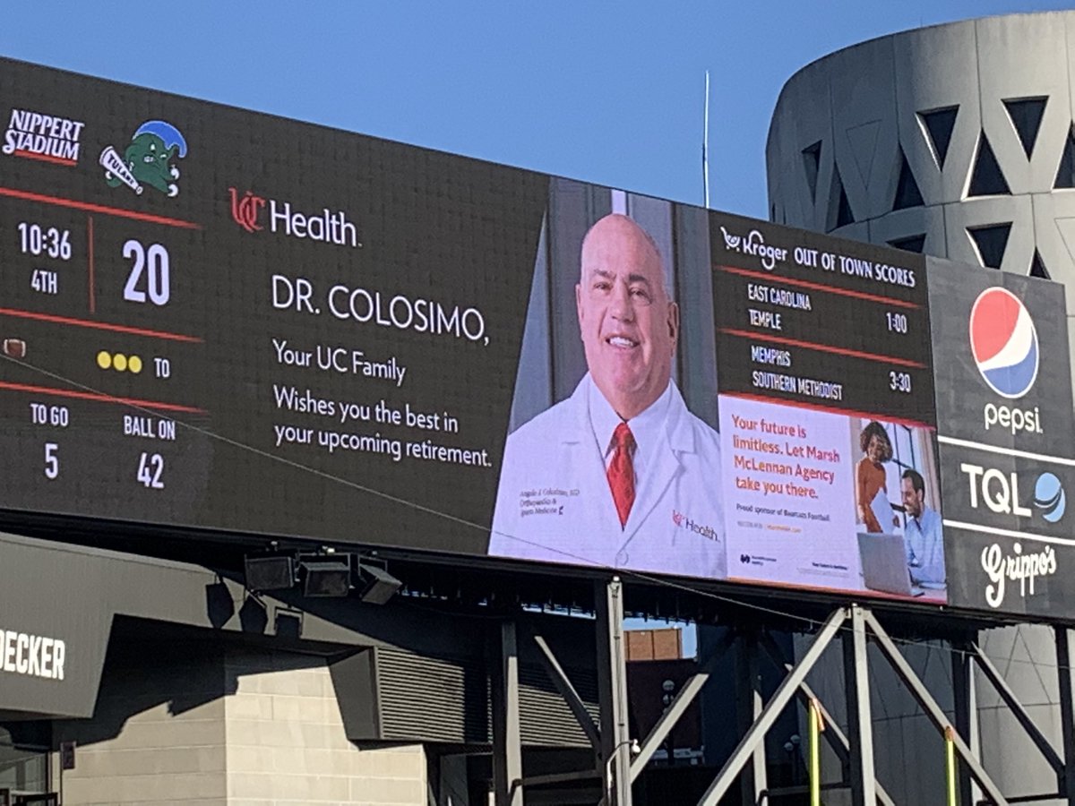 JoeHackerIII's tweet photo. A special moment as we got to be here for the last @GoBearcatsFB reg season game for one of the people that built so much into me as a medical professional. So fortunate to have served alongside of this man during my career. The Hacker family truly loves you @AC_Stallion32. https://t.co/dM7jF7h3or