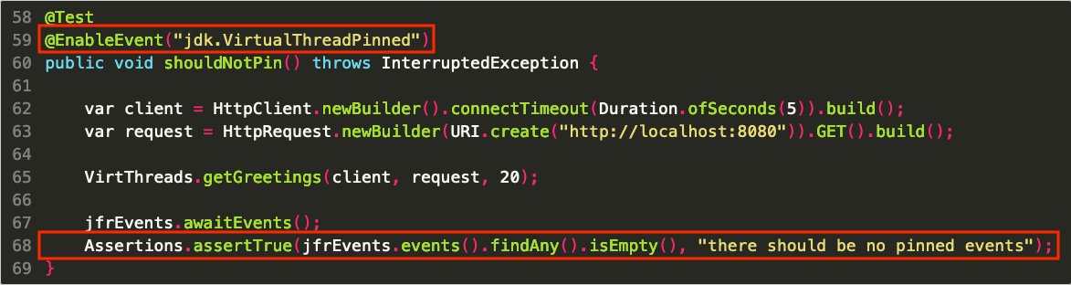 gunnarmorling's tweet photo. ๐How cool is that?! @piotrprz is using #JfrUnit in his tests to make sure there are no pinned virtual threads (i.e. a #Loom virtual thread cannot be unmounted from its carrier thread). A really neat usage of JfrUnit ๐. https://t.co/bhriH5ZMia