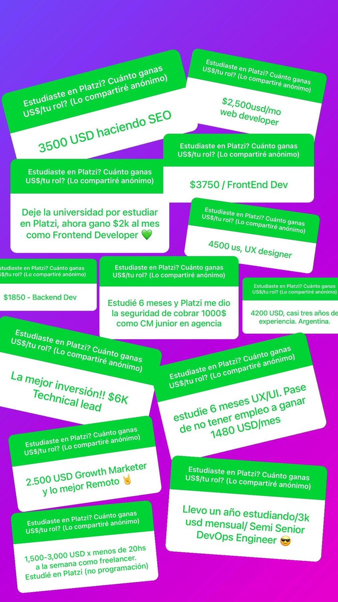 freddier's tweet photo. Pregunté "Si estudiaste en Platzi, ¿Cuánto ganas al mes (en USD) y en qué rol?” 

Las respuestas: https://t.co/DdX1iuxvkL
