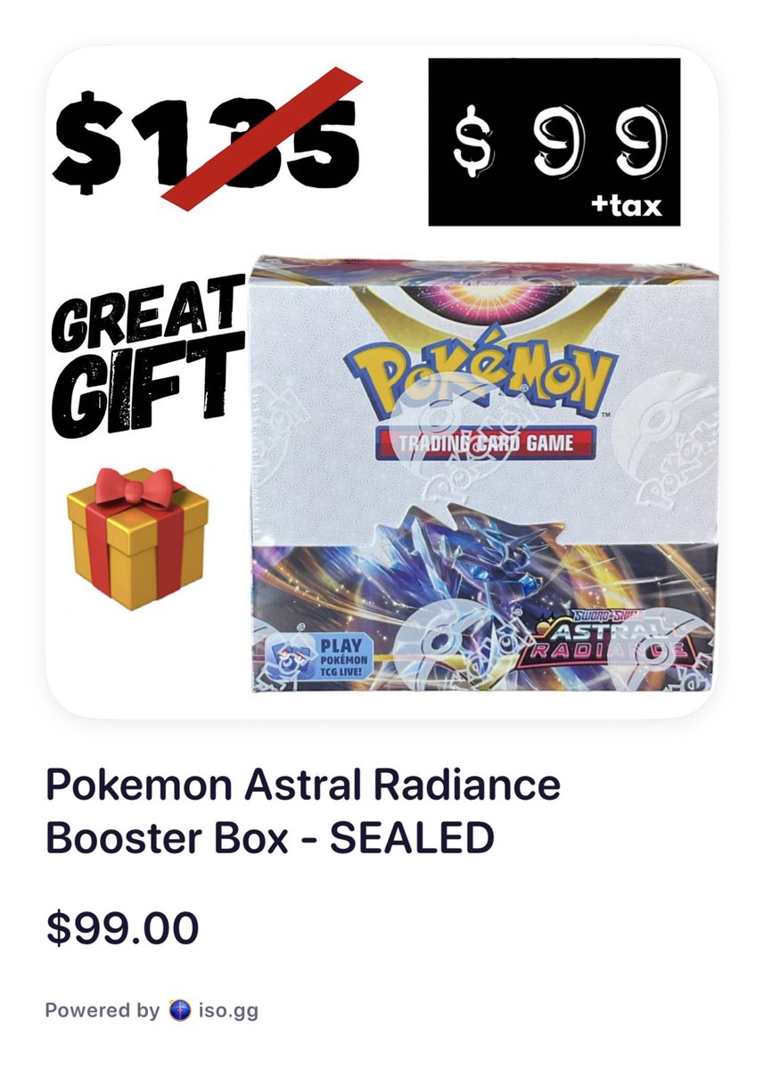 BuckCityBreaks's tweet photo. Black Friday for #TheHobby

Get $35 off this Astral Radiance Booster Box!

Pokemon Astral Radiance Booster Box - SEALED #iso 2097: 

Only 4️⃣ available! #BCBF22 

Follow and reply with #iso to claim and purchase! https://t.co/igxMYmFHRM