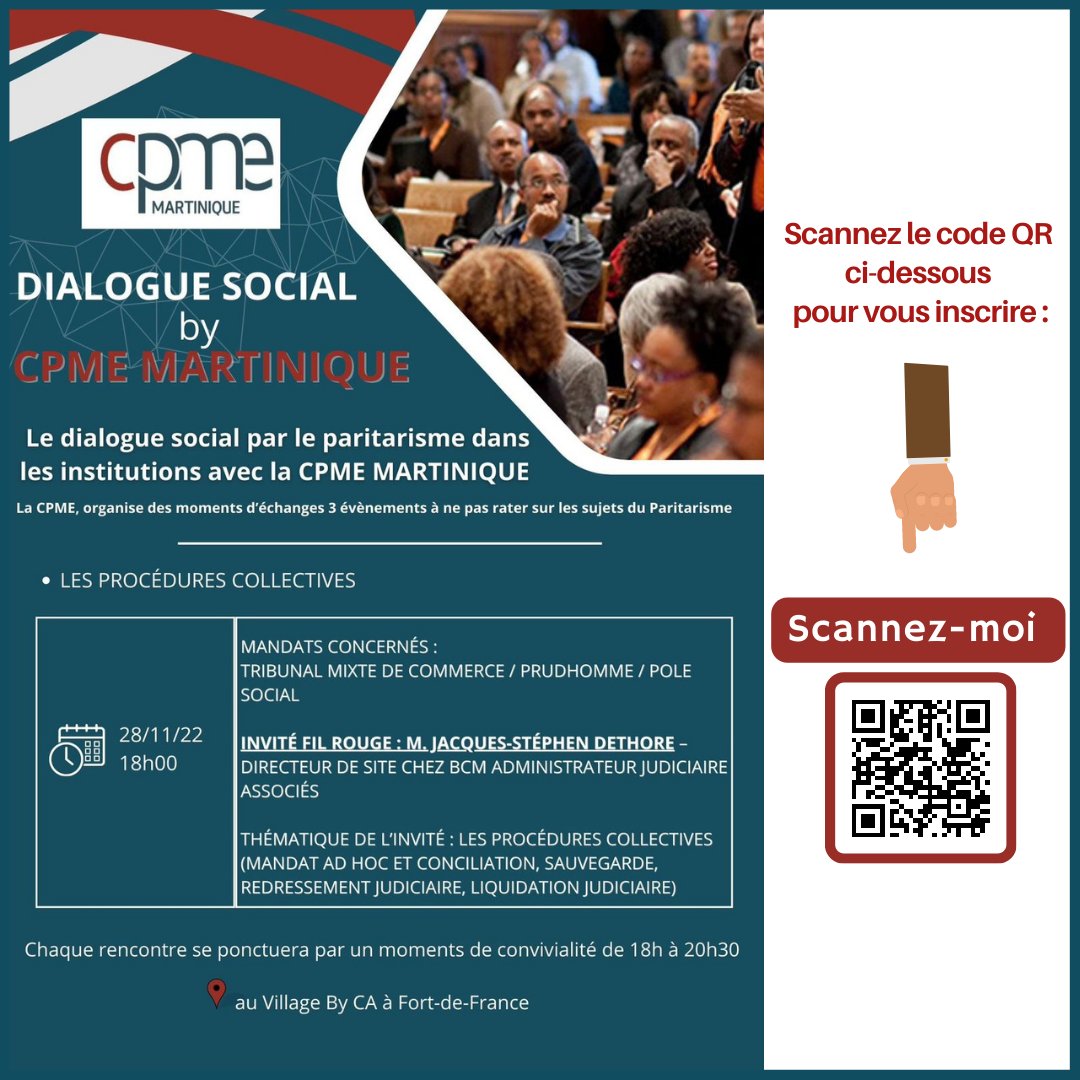 La CPME Martinique vous invite à participer à 3 moments d'échanges concernant le dialogue social par le paritarisme dans les institutions. 

Le 1er évènement sera l'occasion d'échanger sur LES PROCÉDURES COLLECTIVES.

Inscrivez -vous 👉 zcu.io/AYva  

#cpmemartinique