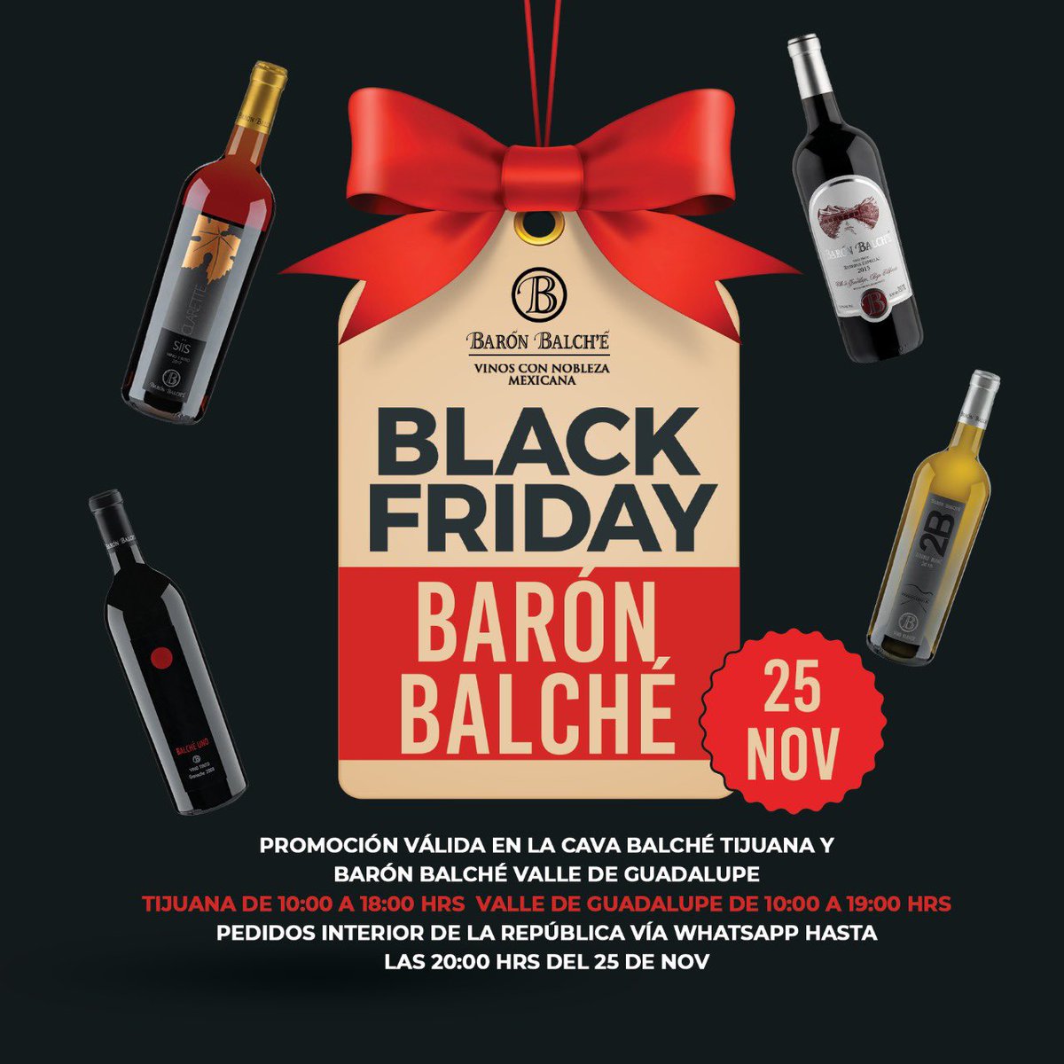 BlackFriday llegó a Balch’é, visita las historias de nuestro perfil o del WhatsApp y entérate de la promoción.

Esta promoción será válida en Barón Balch’é Valle, La Cava Balche de Tijuana y vía WhatsApp el día 25 de Nov del 2022. 

Aplican restricciones