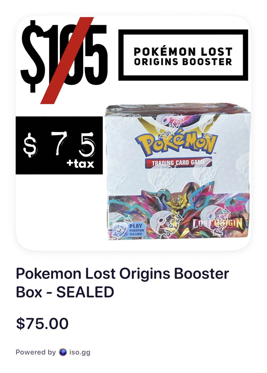 BuckCityBreaks's tweet photo. Pokémon TCG Black Friday Deals

Only 5️⃣ of these available!! #BCBF22 

Pokemon Lost Origins Booster Box - SEALED #iso 2099: Follow and reply with #iso to claim and purchase! https://t.co/34w3zaixss