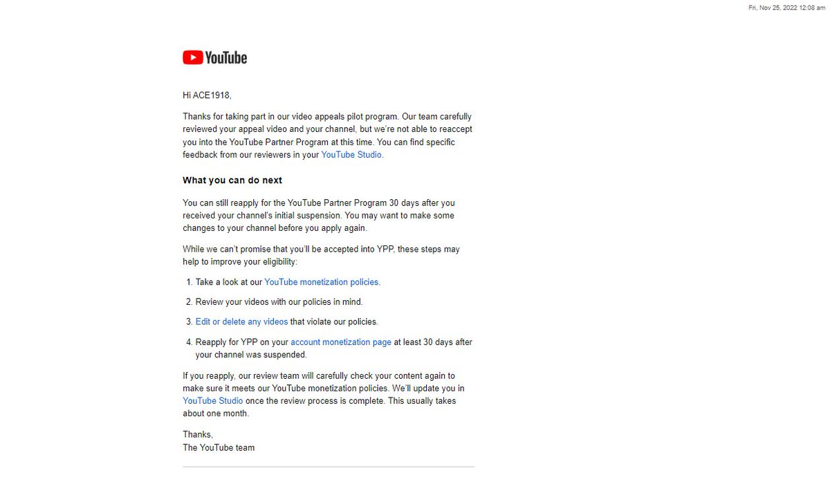 AirACE1918's tweet image. @TeamYouTube Why did you deny my appeal video after claiming you watched it without even watching it?