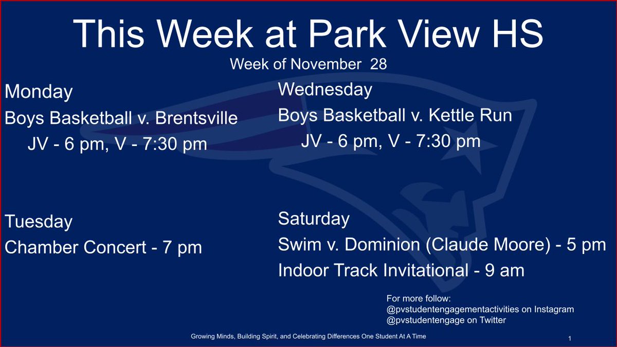 PVStudentEngage's tweet photo. Hope to see you at @Park_View_HS this week!! #GoPatriotsGo https://t.co/uvBTSZyWcY