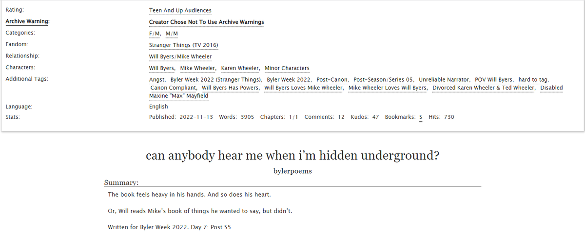 bylerarts's tweet photo. [BYLER WEEK DAY 7 - POST S5]
https://t.co/XsxGufOVAw

I noticed NOW that I forgot to post this here... Anyways!

"The book feels heavy in his hands. And so does his heart.

Or, Will reads Mike’s book of things he wanted to say, but didn’t."

#bylerweek #bylerweek2022 #byler https://t.co/G3YehcOxyW