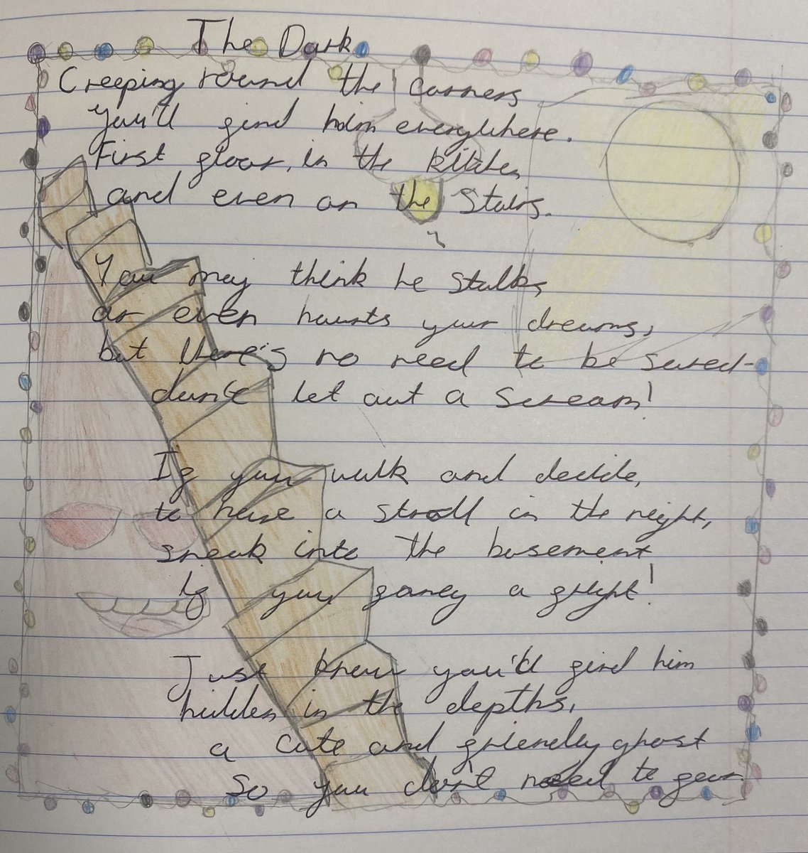 FionaMrsgreen's tweet photo. Our Year 6 children have been utterly captivated by Lemony Snicket’s book ‘The Dark’. They explored the idea of personification, alongside the adventures of Laszlo and the dark to inspire their own creative poetry 💡🔦🌃 #year6 #poetry  #lemonysnicket https://t.co/bO1yR4PW2Y
