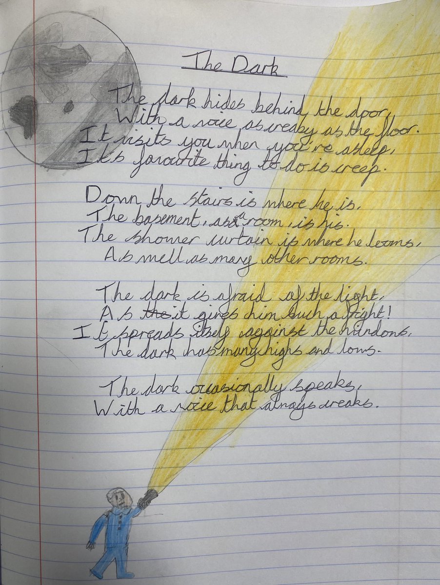 FionaMrsgreen's tweet photo. Our Year 6 children have been utterly captivated by Lemony Snicket’s book ‘The Dark’. They explored the idea of personification, alongside the adventures of Laszlo and the dark to inspire their own creative poetry 💡🔦🌃 #year6 #poetry  #lemonysnicket https://t.co/bO1yR4PW2Y