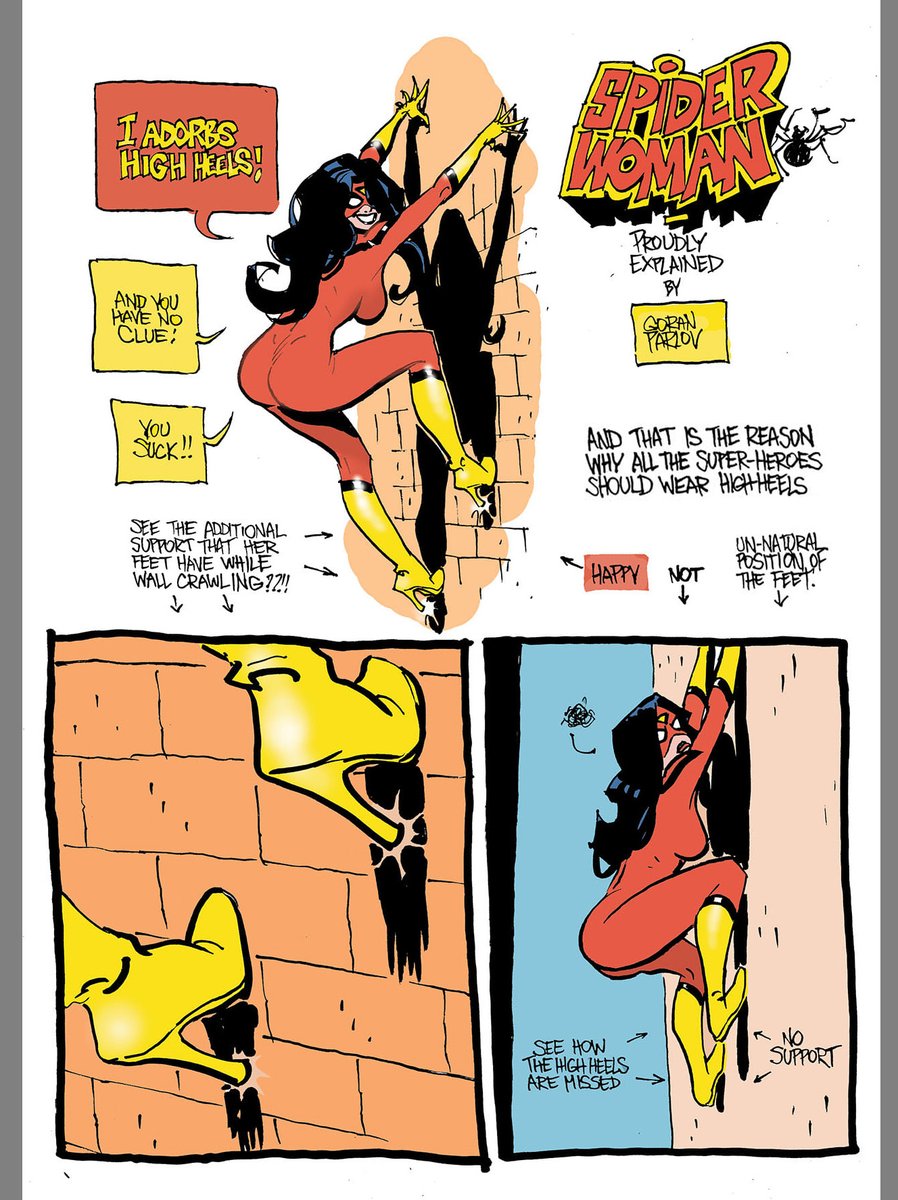 This post is pure satire.The author is making fun of the most common question about Spider-Woman:How does she stick to walls wearing high-heels? The author wanted to specify that he has ben sarcastic and won't assume any responsibility for the mental damages the post might cause.