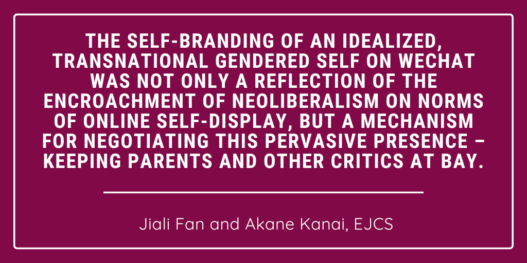 In "‘I can live without you’: Self-branding as individuation in young Chinese women’s transnational mobilities" @JialiFan26 and <a href="/Akane_Kanai/">Akane Kanai</a> consider how young Chinese women living abroad maintain relationships with upper middle class family. Read it here: journals.sagepub.com/doi/full/10.11…
