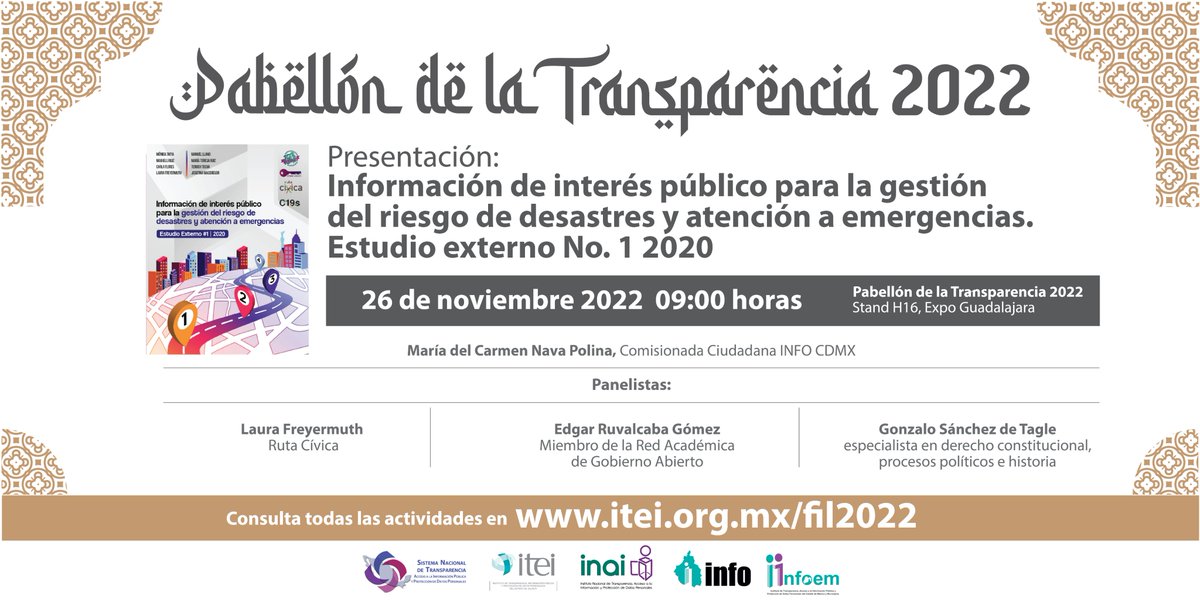 #MAÑANA📌|La Comisionada del INFO CDMX, <a href="/MaricarmenNava/">María del Carmen Nava Polina</a>, participa en la <a href="/FILGuadalajara/">FIL Guadalajara</a>, en la presentación de la obra “Información de interés público para la gestión del riesgo de desastres y atención a emergencias”.
🕞09:00 h
Transmisión por las #RRSS del <a href="/ITEIJal/">ITEI</a>