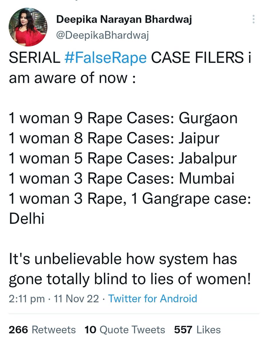 #HBDTamilsLeader68 #BiggBoss6Telugu #BiggBoss #BB16 #BiggBoss16 #FridaysWithArmaan #SanjuSamson #Salaar <a href="/KirenRijiju/">Kiren Rijiju</a> #BoycottMamaEarth <a href="/MLJ_GoI/">Ministry of Law and Justice</a>

Fake rape cases have become crisis in India due to gender biased law

Many many women are filing multiple fake rape cases for extortion