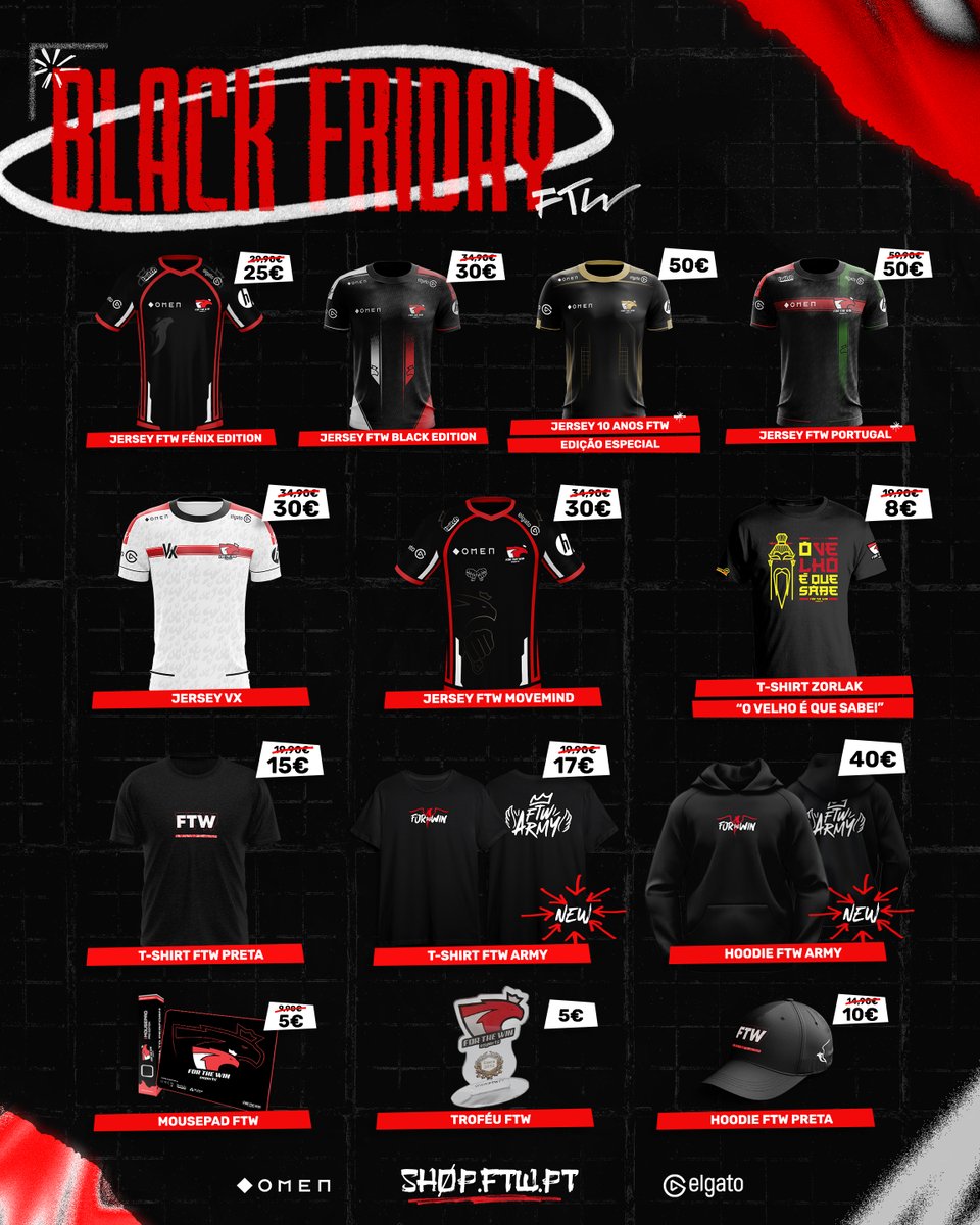 𝗙𝗧𝗪 𝗕𝗟𝗔𝗖𝗞 𝗙𝗥𝗜𝗗𝗔𝗬!🔥

A Black Friday chegou á FTW! Passa pela nossa 𝙎𝙃𝙊𝙋 e desfruta dos nossos grandes descontos e dos novos packs!🔥

🛒 shop.ftw.pt

#ftwesports #ftwarmy #OMENFTW #elgatoFTW