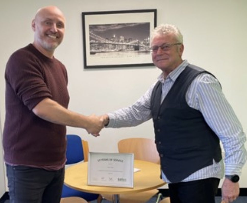 10 year long serving,highly valued Principal Project Surveyor, well done Paul Pulis at our <a href="/saluswestmids/">Clive Hemming</a> office, presented by Associate Director @Nathan_Salus that is now 28 of our employees who have reached this fantastic milestone. Enjoy the gift voucher and extra day holiday.