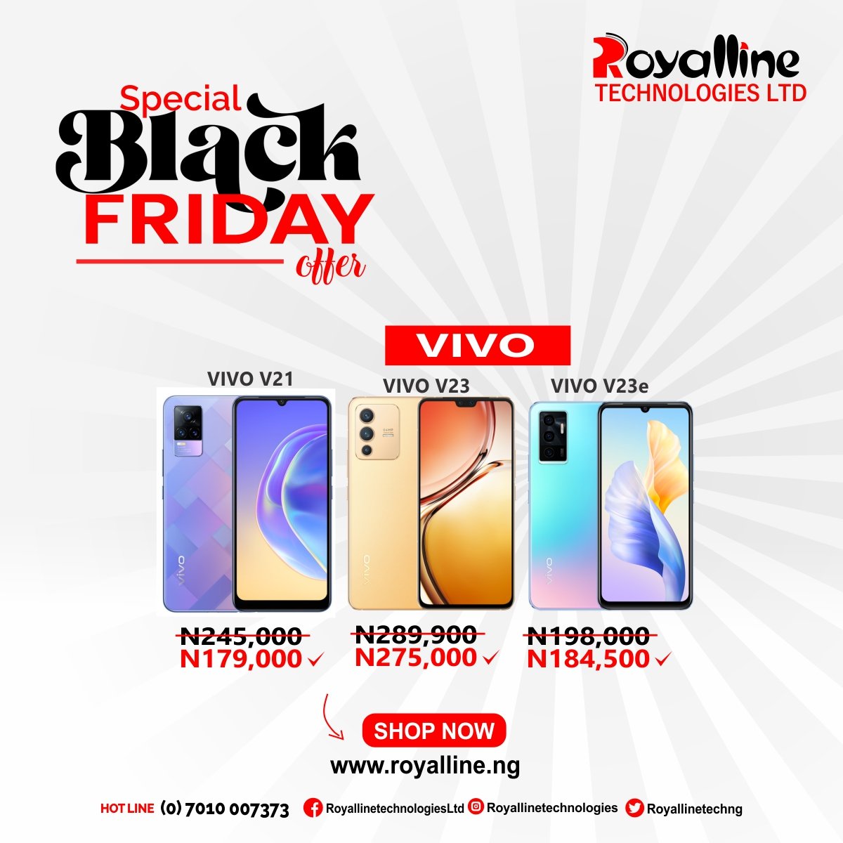 Get 66k off when you buy the V21; 14.9k off for the V23 and 13k for the V23e in our mouthwatering discount sale!!!

Visit our online store at bit.ly/3VpyUlV or our nearest outlet across Nigeria

Call To Order: 07010007373

#BlackFriday #Vivo #smartphone