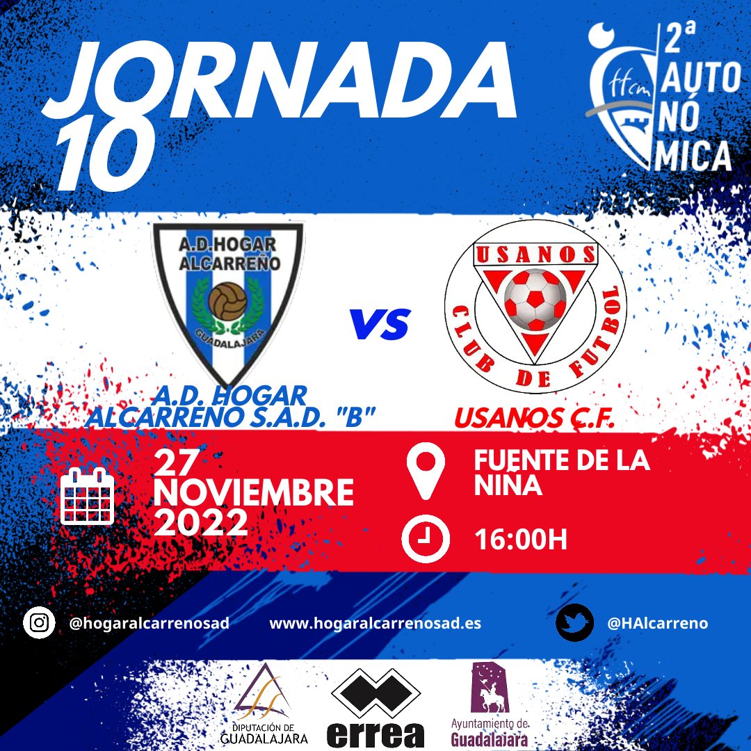 ⚽ FILIAL ⚽

⏰ ¡Hora de volver a nuestro HOGAR! 
🗡️ ¡Hora de sumar 3️⃣ puntos! 

🏟️ Campo de fútbol "Fuente de la Niña" 
📆 Domingo 27
🕖 16:00h 
🆚 <a href="/UsanosCF/">Usanos C.F.</a>

📱Más información en: hogaralcarrenosad.es/novedades/part…

#EsteEsTuHOGAR