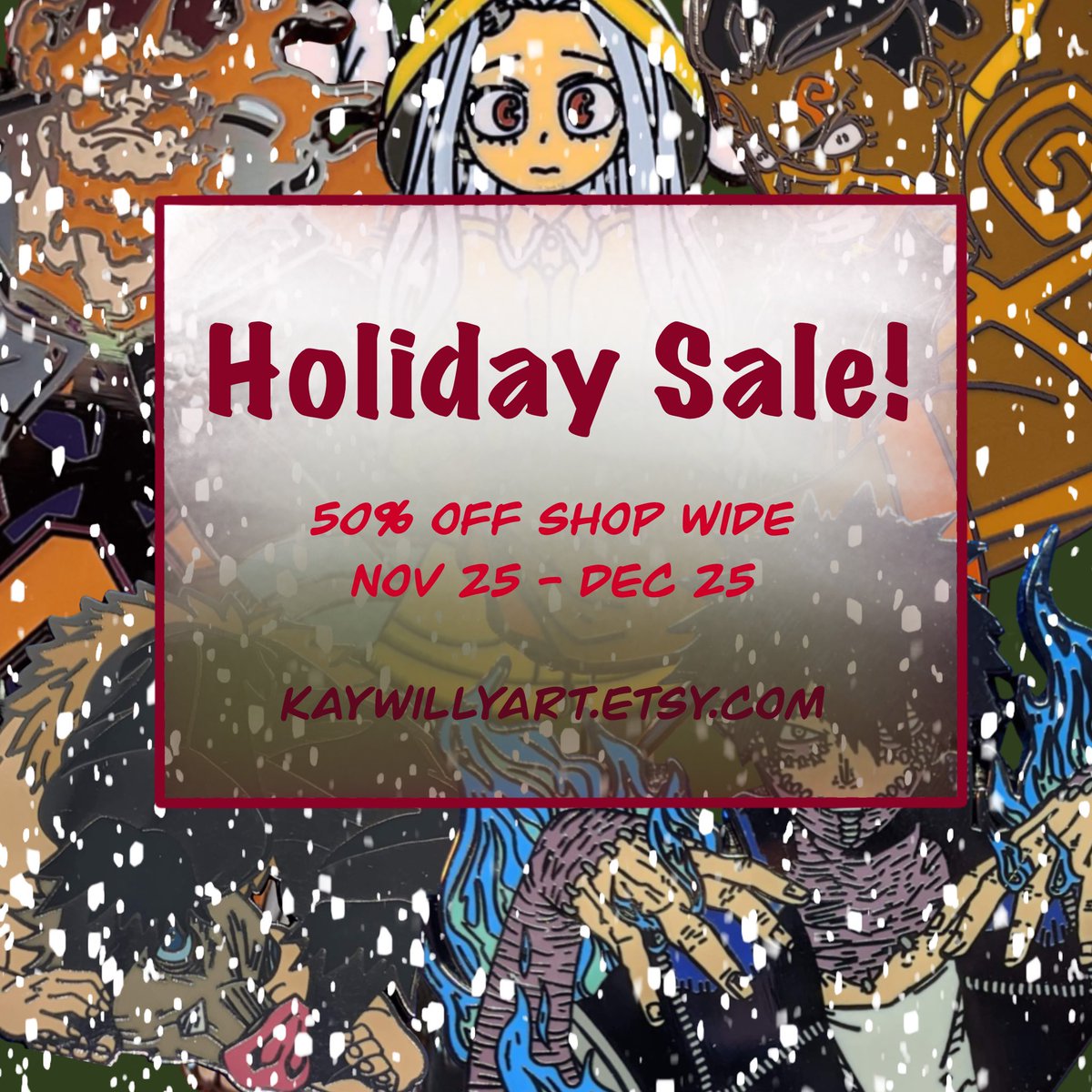 KayWillyArt1's tweet photo. Holiday sale! All pins 50% off now through Christmas Day. 

#pins #animepins #enamelpins #animeenamelpins #demonslayer #jujutsukaisen #myheroacademia #etsyshop #pinseller https://t.co/QqQnTo5pml