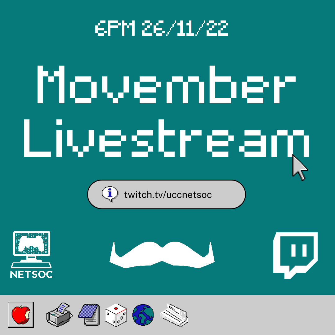 JOIN US at 6PM tomorrow for our MOVEMBER CHARITY LIVESTREAM!

Over at twitch.tv/uccnetsoc we'll be streaming a variety of things including:

• METAL GEAR RISING
• AMONG US ඞ
• GARTIC PHONE
• OVERWATCH 2