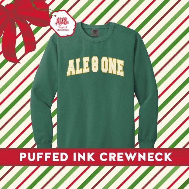 Ale8One's tweet photo. Ale-8 Days of Christmas is back!
Stay tuned as we share 8 new items for the ultimate holiday gifts this year.
Check out our Ale-8 Puffed Ink Crewneck. Available while supplies last. Shop now: https://t.co/7Jl2o37jpa
#Ale8DaysofChristmas https://t.co/EFJfr7HAs1