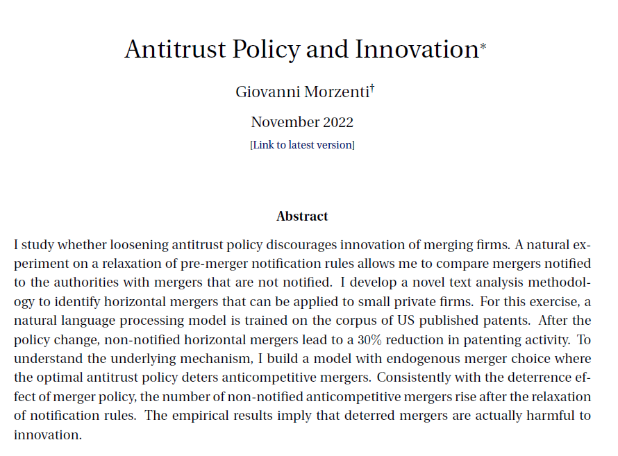 MorzentiG's tweet photo. Hi #EconTwitter! This is my JMP 🧵

🚨 Is lax merger policy bad for innovation? 🚨

I have a natural experiment on a relaxation of pre-merger notification rules. (Spoiler Alert) Horizontal mergers lead to 30% less innovation when they are not notified!

1/8 https://t.co/SM4d7x0c9i