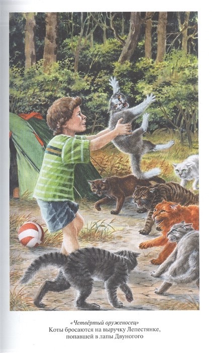 Illustration from the Russian gold collection edition of The Fourth Apprentice / Fading Echoes

Lionblaze, Dovepaw, Tigerheart, Toadfoot, Whitetail, and Rippletail watch in horror as Petalfur is scooped up by a child