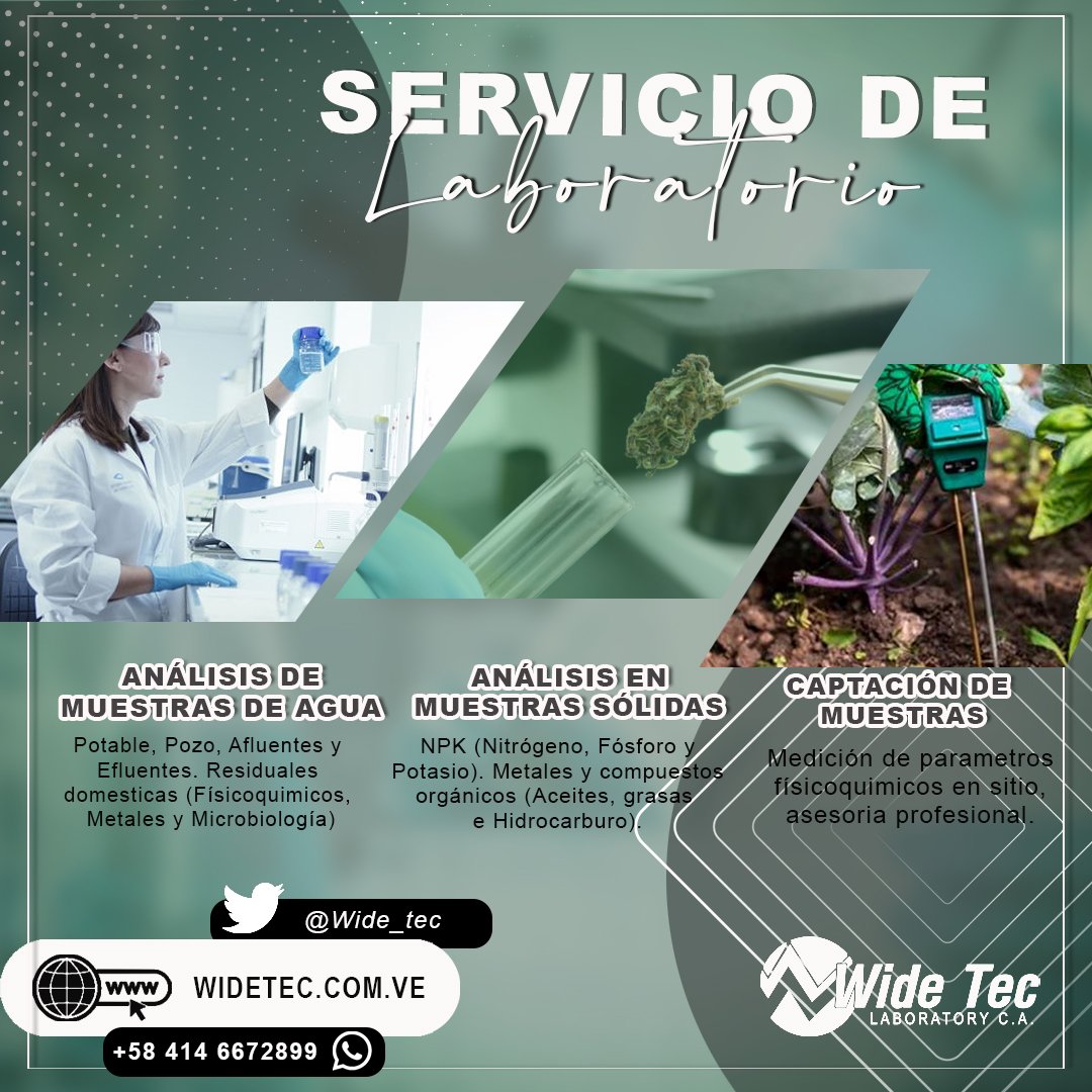 wide_tec's tweet photo. Ofrecemos servicios de análisis para agua de pozos, agua potable, efluentes, análisis de metales: alimentos, materia vegetal, suelos y aguas, análisis de NPK: nitrógeno, potasio, fósforos y más.
📱📞+58: 414-667-28-99
✉ ventas@widetec.com.ve
#Laboratorio #WideTec #Maracaibo https://t.co/2iy2r6NZ6S