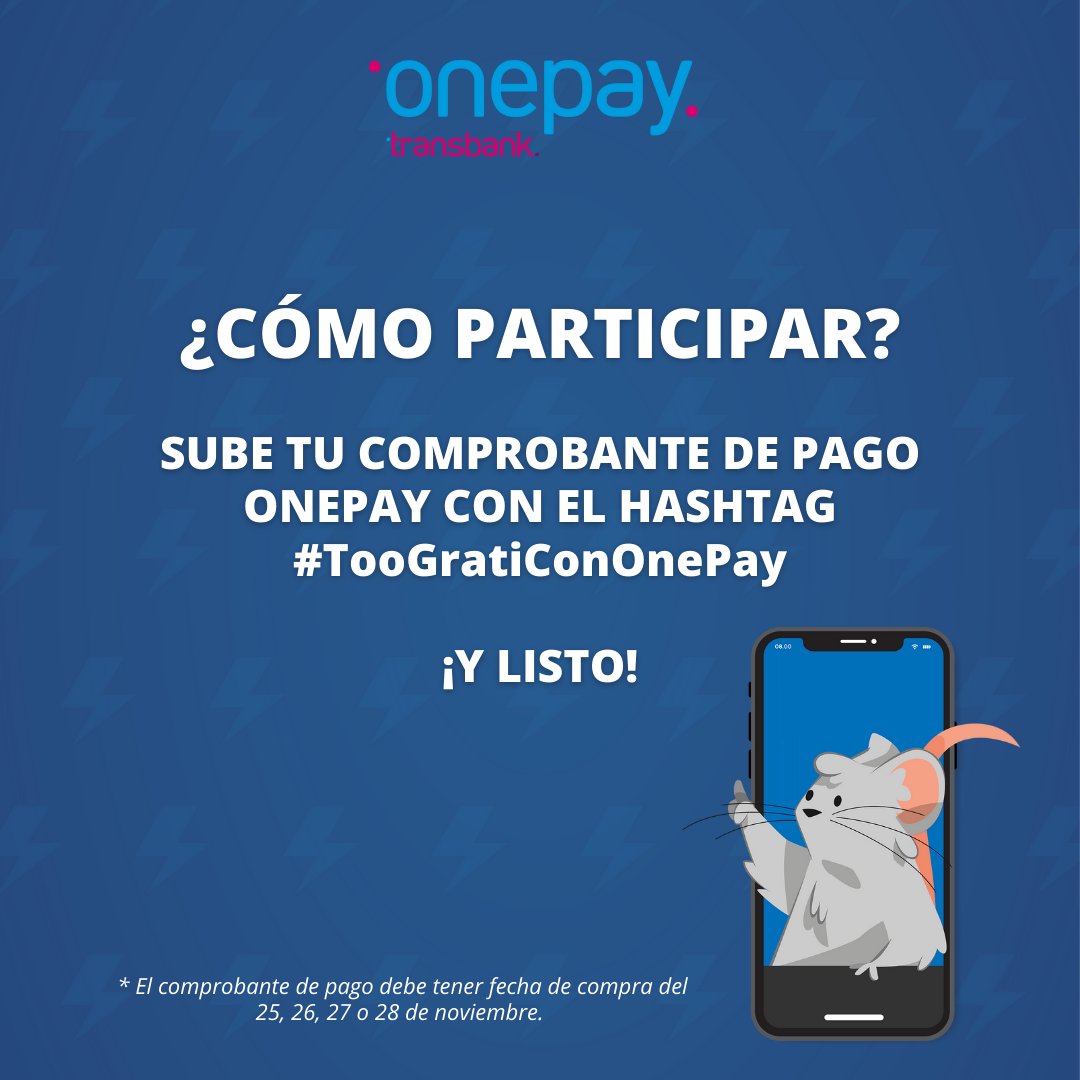 DescuentosRata's tweet photo. CONCURSO #BlackFridayRata 🛒 Compra con OnePay Transbank y gana 1 de las 5 compras diarias gratis😱 😱

¿Cómo participar? Durante el Cyber, realiza una compra con OnePay y sube tu comprobante con el hashtag #TooGratiConOnePay” y listo.

¡Suerte ratitas! 🐀 https://t.co/UZuI3yzL0o