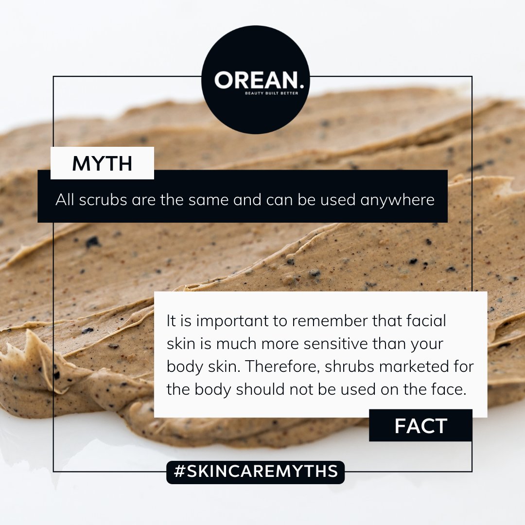 weareorean's tweet photo. Myth: All scrubs are the same and can be used anywhere 

Fact: It is important to remember that facial skin is much more sensitive than your body's skin. Therefore, shrubs marketed for the body should not be used on the face. Many scrubs are too harsh for your face
#SkincareMyth https://t.co/qShBy2MKaI