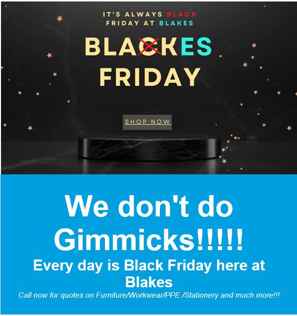 Blakesworkplace's tweet photo. You will never see us participating in a Black Friday sale! Our view is that we offer customer savings, every day, all year round!
We offer competitive prices across the board on all workplace products, Contact us now to see how we can save you money. #blackfridayeveryday https://t.co/6zYqgsOFSs