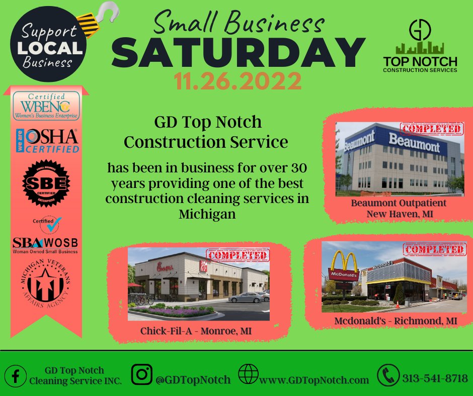 GDTopNotch's tweet photo. Small Businesss Saturday!!!
GD Top Notch wants to congradulate all the small businesses out there making an impact in their communities. Remeber to never give up on your dreams, Be consistent &amp;  Believe in yourself. 🏃‍♂️💚
#gdtopnotchcleaning  #smallbusinesssaturday  #happyholidays https://t.co/6FT8KRPGba