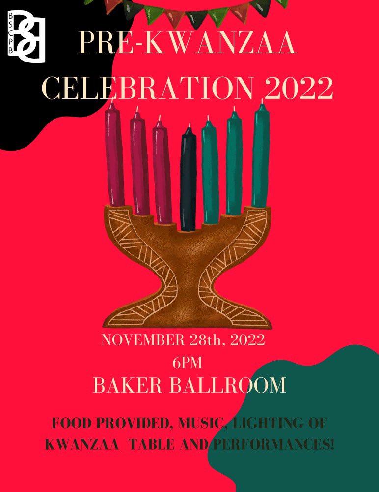 When we return from break, we are having a special event: Pre-Kwanza! Come join us on Monday 11/28 while we feast and learn about Pre-Kwanza! Bring your friends to see the different traditions of this amazing holiday! Can’t wait to see you there!