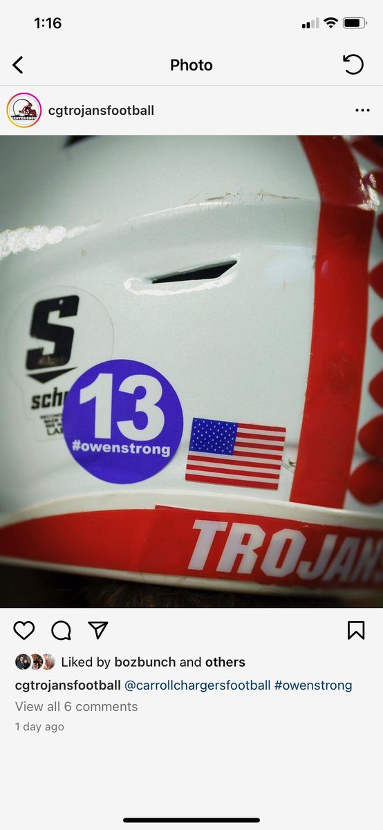 GlennMariniWANE's tweet photo. Center Grove will be wearing these no. 13 stickers against @CarrollFB today in the 6A state title game in memory of the late Owen Scheele. Classy move by the Trojans. @carrollchargers @IHSAA1 https://t.co/So9km1fZZ7