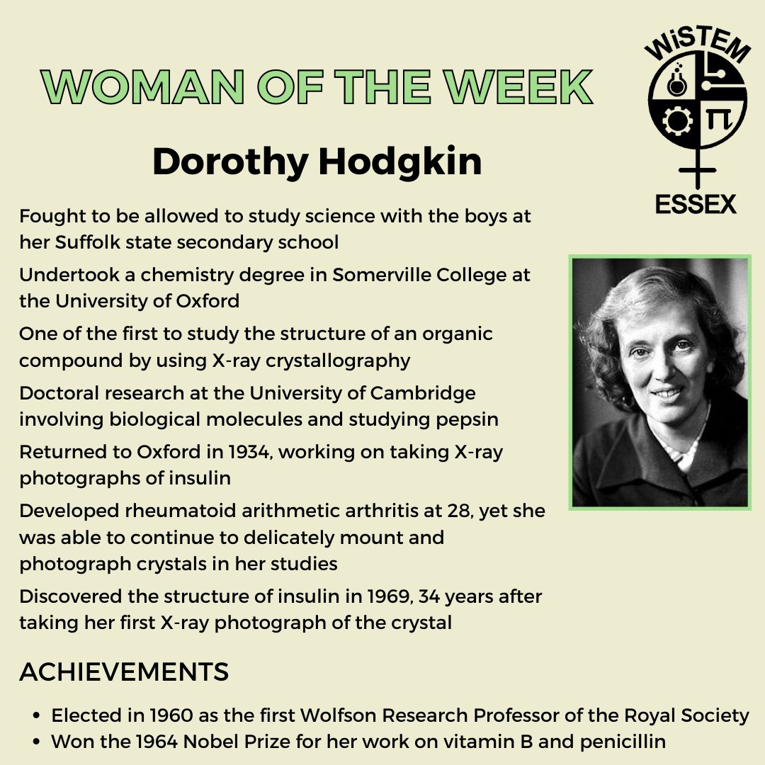 Woman of the Week 👩‍🔬

This week's Woman of the Week is Dorothy Hodgkin, an award-winning British chemist🔬

#wistem #womeninstem #womanoftheweek #stem #dorothyhodgkin #womeninscience #chemist #biology #insulin #vitaminb #biologicalmolecules #xrays #crystallography #nobelprize
