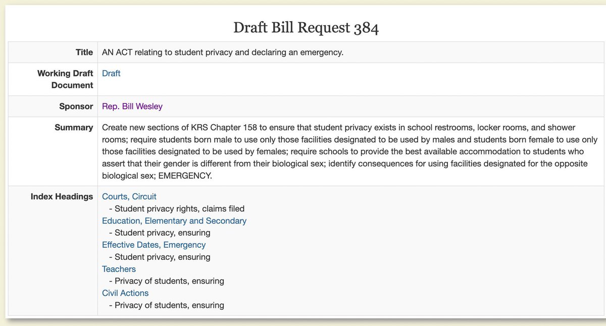 ErinInTheMorn's tweet photo. A Kentucky draft bill declares transgender people in restrooms an EMERGENCY and proposes to set "consequences" for transgender students using the bathrooms that match their gender identity.

This is Draft 384 by Rep Wesley, and it must be stopped this year. https://t.co/kUuoi5b64C