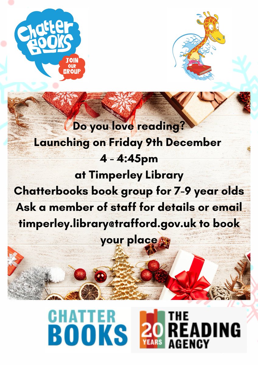 Trafford Libraries (@trafflibraries) on Twitter photo Timperley Library is starting a new Chatterbooks group for children aged 7-9 who'd enjoy books and playing fun reading games! We'll kick off with a Christmas party on Friday 9th Dec at 4pm! Interested? Email timperley.library@trafford.gov.uk or ask a member of staff. Timperley Library is starting a new Chatterbooks group for children aged 7-9 who'd enjoy books and playing fun reading games! We'll kick off with a Christmas party on Friday 9th Dec at 4pm! Interested? Email timperley.library@trafford.gov.uk or ask a member of staff.