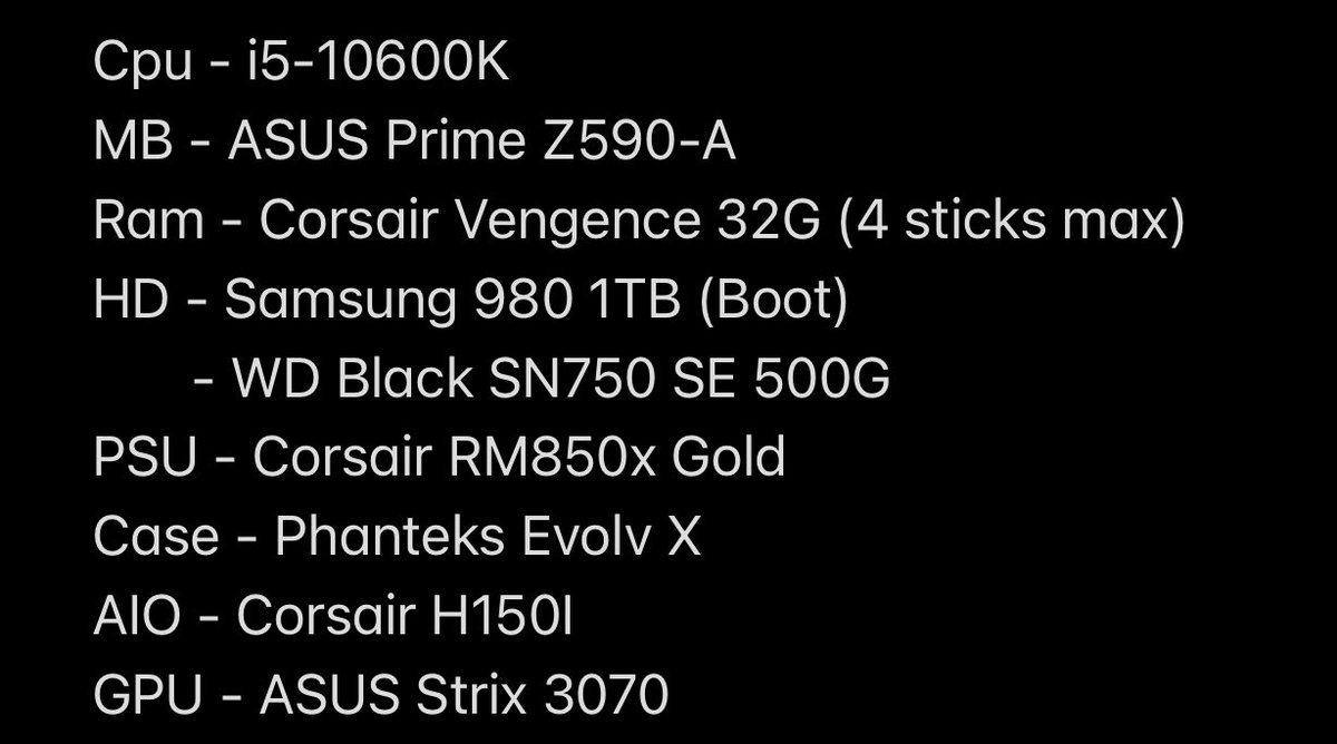 BruinsRay's tweet photo. @DaPoetsTerrence  my wife is liking the game. What would I have to upgrade on her rig so it runs good on medium or high settings? I was thinking a 12900k and a Z690 (she’s not a hardcore gamer so using last gen parts)
Her specs: https://t.co/1DHwQmnBQj