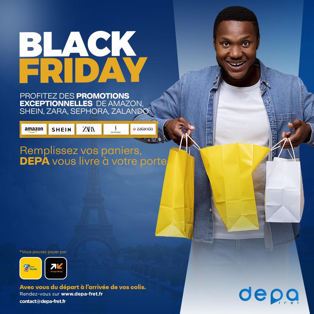 depafret's tweet photo. 🎉 C’EST LE BLACK FRIDAY 🎉 ! 

Profitez tout de suite de toutes les promotions extraordinaires disponibles à travers le monde 💫.

DEPA vous accompagne pour tous vos achats :
➡️ Réglez vos paniers avec ou sans carte bancaire par Orange Money et Mobile Money 📲💰 https://t.co/WoAZzCDz8I