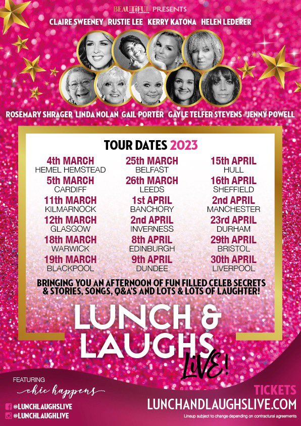 Line up announced for 2023! Come join in the fun! 
<a href="/clairesweeney/">Claire Sweeney</a> <a href="/Rustie_Lee/">Rustie Lee</a> <a href="/KerryKatona7/">Kerry Katona</a> <a href="/HelenLederer/">Helen Lederer</a> <a href="/RosemaryShrager/">Rosemary Shrager</a> <a href="/LindaNolan_/">Linda Nolan</a> <a href="/Gailporter/">Gail Porter</a> <a href="/JennyPowellTV/">Jenny Powell 🌸</a> <a href="/GayleTelfer/">Gayle Telfer Stevens</a>