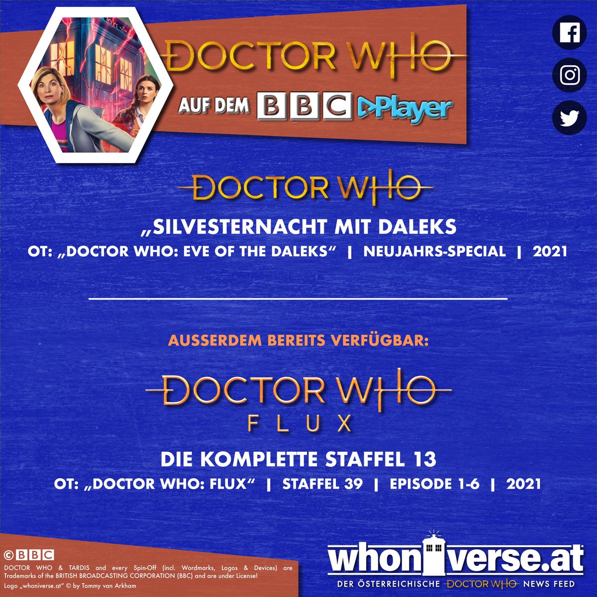 whoniverse_at's tweet image. „Doctor Who: Silvesternacht mit Daleks“ - ab sofort in deutscher Sprache auf dem #BBCPlayer (Amazon Prime) und auf #iTunes verfügbar!

#whoniverse_at #DoctorWho #TARDIS #TimeLord #BBC
#Series39 #13thDoctor #JodieWhittaker #NewWho
#AustrianDoctorWhoNewsFeed