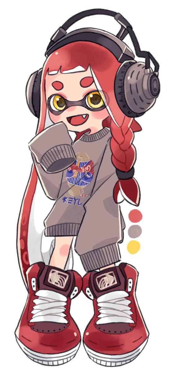 inkling ,inkling girl 1girl headphones solo braid long hair fang sleeves past wrists  illustration images