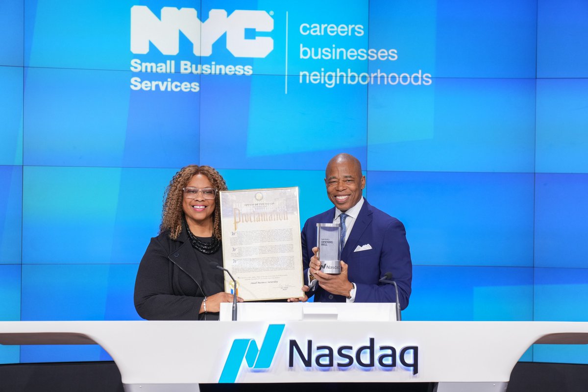 NasdaqExchange's tweet photo. Small business, large impact.  Ahead of #SmallBusinessSaturday on 11/26, we welcome 
@NYC_SBS  New York City Mayor, Eric Adams (@NYCMayor) and @CandaceWaterman to honor and celebrate small businesses &amp; their influence on communities across the five boroughs.🛎  #ShopYourCity https://t.co/BrufmU5coi