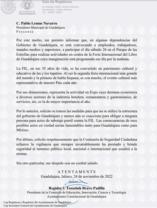 victormaganamx's tweet photo. El regidor @tonatiuhbp solicita al @GuadalajaraGob medidas de seguridad contra sabotaje a la @FILGuadalajara https://t.co/EG2B4nfjnO