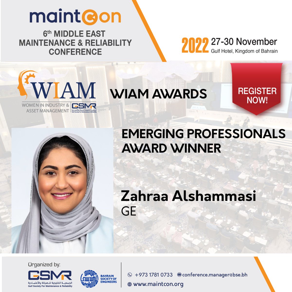 Maintcon2024's tweet photo. We are proud to announce our winners for the WIAM Award - Emerging Professionals Award. Register TODAY for Maintcon to witness the award ceremony! #maintcon #maintcon2022 #conference #exhibition #oilandgas #energy #maintenance #reliability #assetmanagement #GCC #MiddleEast https://t.co/K9OZrPRAdo