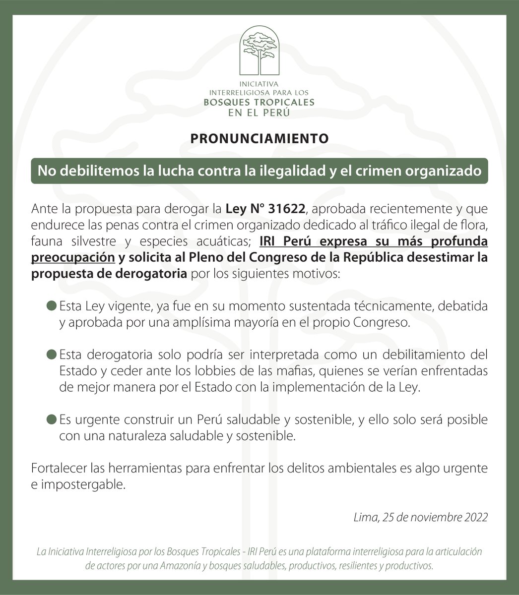 IriPeru's tweet photo. #URGENTE 🚨
IRI Perú expresa su más profunda preocupación y solicita al Pleno del @congresoperu desestimar la propuesta de derogatoria de la Ley N° 31622, que endurece las penas contra el crimen organizado dedicado al tráfico ilegal de flora, fauna silvestre y especies acuáticas. https://t.co/FvVoWyq8jo