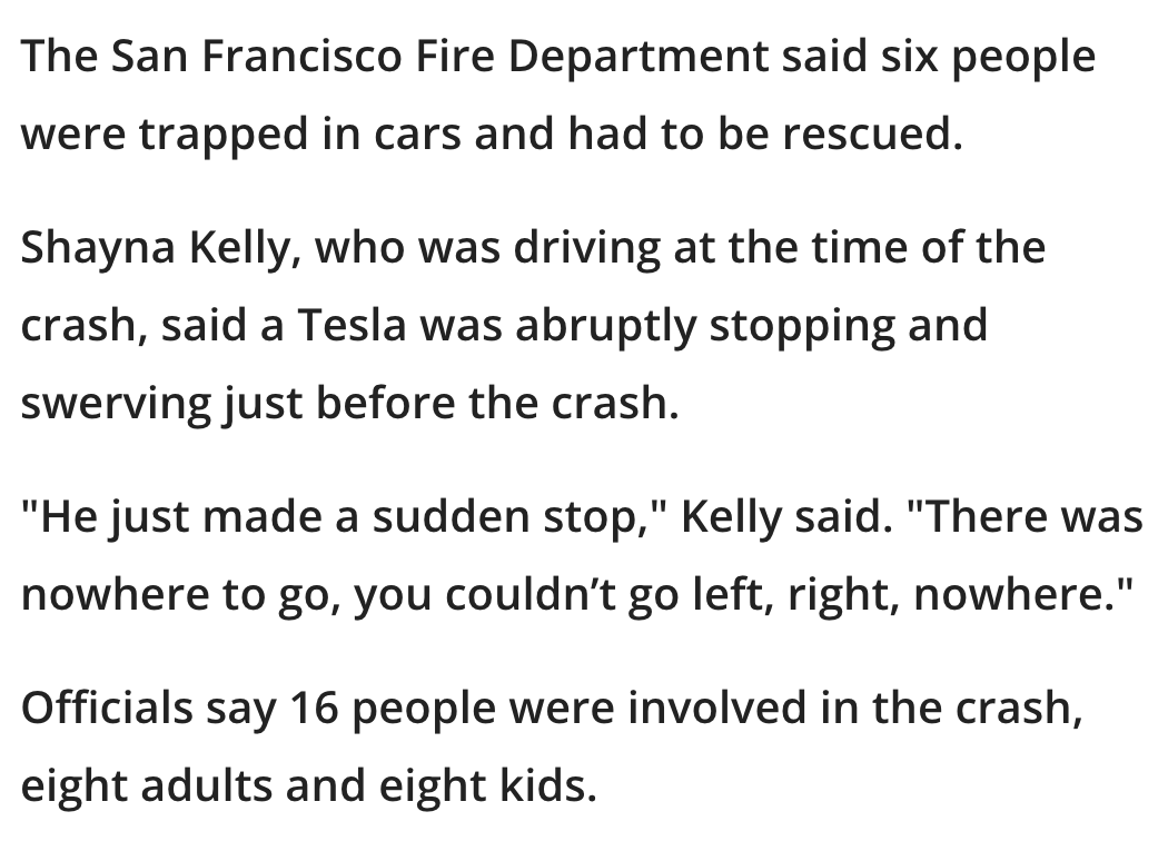 Earlier today: #Tesla announced that some of its cars will be running the Beta version of it's self-driving system.

Happening now: Multi-car pile-up in on the Bay Bridge in San Francisco involving 18 injuries, reportedly caused by a #Tesla 'suddenly driving erratically'.