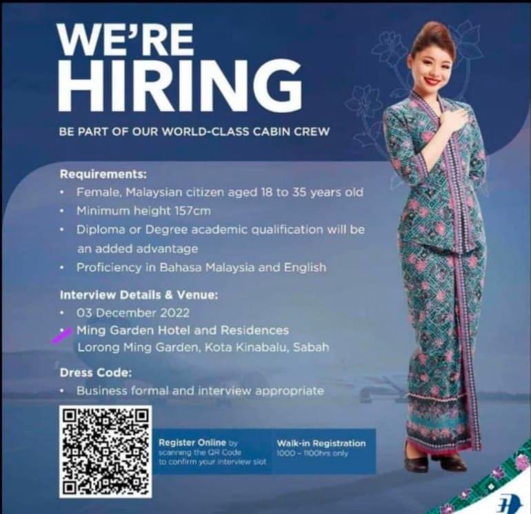 rahzamdy's tweet photo. Buat warga Sabah (warganegara Malaysia) yang berminat menjadi pramugari MAS, anda dijemput menghadiri temuduga diadakan di Ming Garden Hotel &amp; Residences.

Tarikh: 3/12/2022
Pakaian: Formal
Syarat2: fasih dalam BM &amp; BI, ketinggian min. 157 cm. 
Rujuk flyer 👇🏻 
#SilaRT https://t.co/duTGDEjfS9
