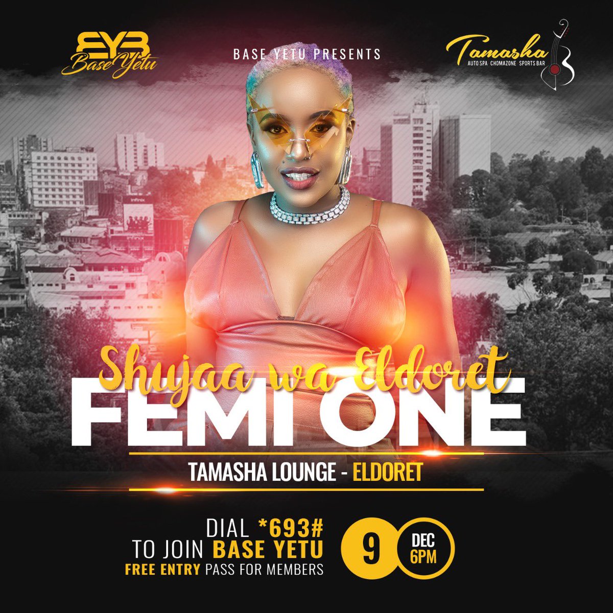Base_Yetu's tweet photo. Africa’s newly crowned best female rapper @Femi_One will be on stage at the Base Yetu mega concert going down at the Tamasha Lounge, Eldoret.

All Base Yetu members will be granted free entry. Dial *693# to join and enjoy this and other performances. 

#BaseYetu #RoadToEldoret https://t.co/liTJ96I2V7