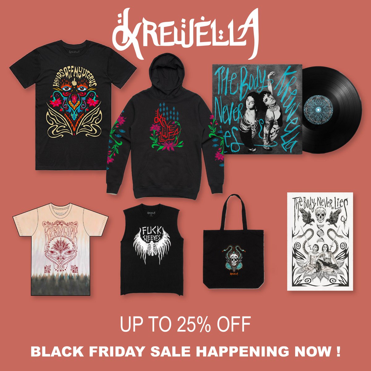 our black friday sale starts now!! up to 25% off through monday ✨ krewella-merch.myshopify.com